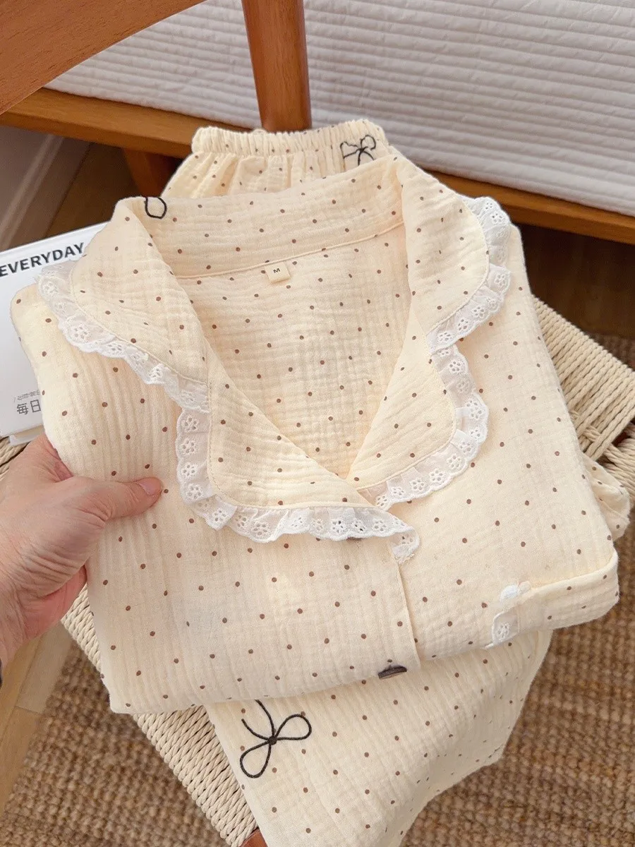 

Женская домашняя одежда из чистого хлопка: шорты и топ с коротким рукавом, двухслойная марля, милый дизайн с узлом, для лета и весны