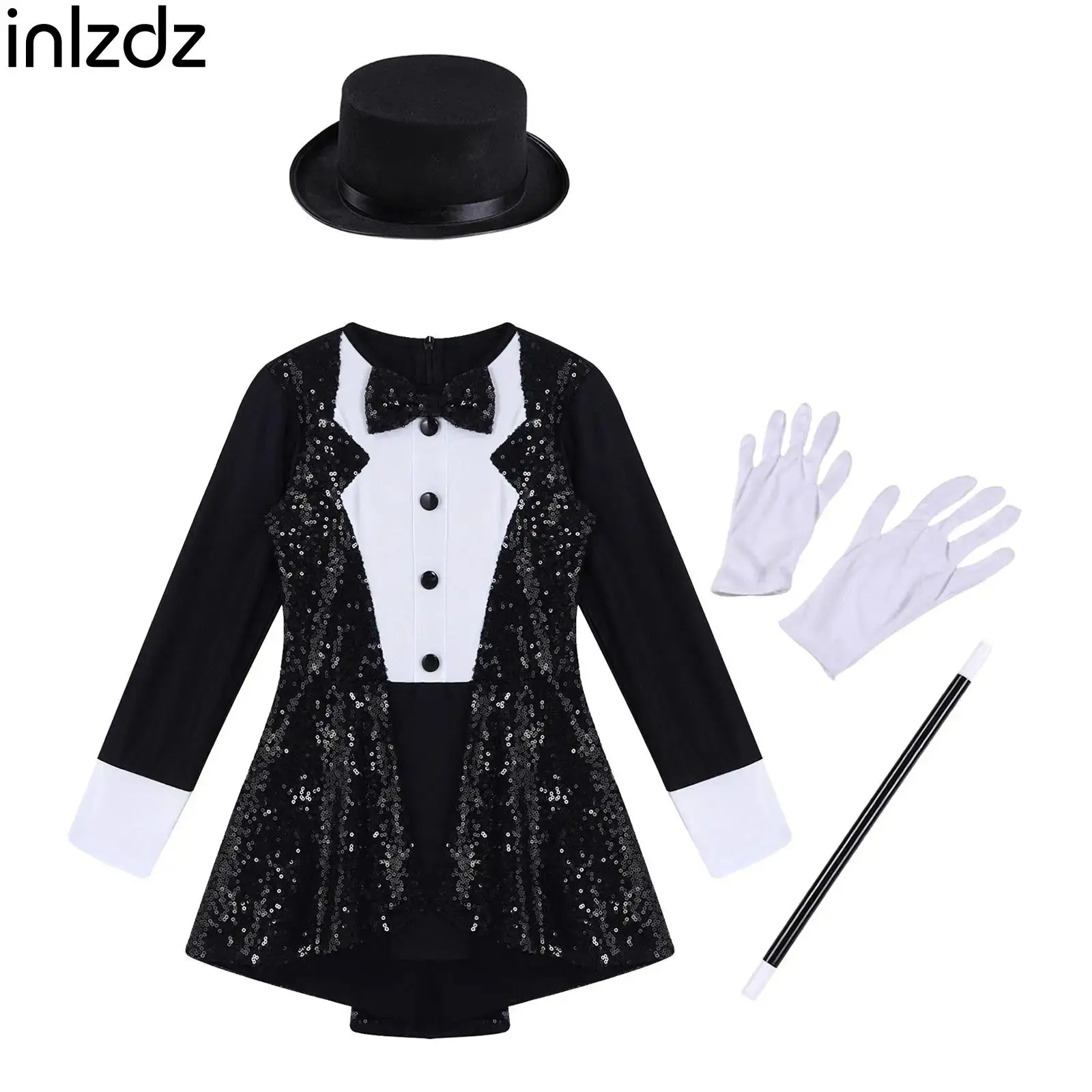 

New Kids Girls Magician Cosplay New Year Party Performance Costumes Sets Long Sleeve Tie Back Leotard with Hat Magic Wand Gloves