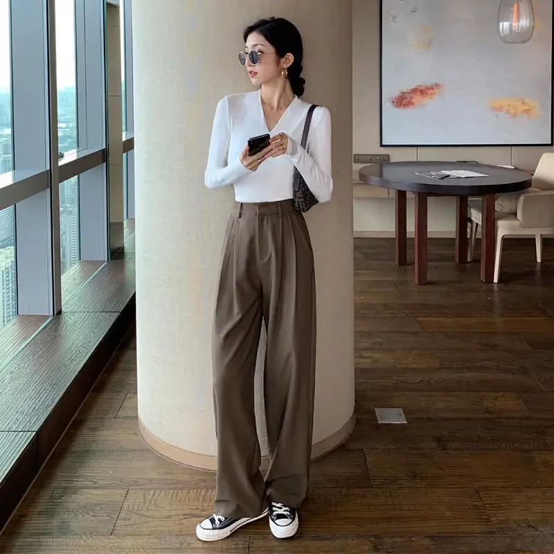 Straight Leg Brown with Pockets Trousers for Woman Black High Waist Tailoring Office Clothing Work Women\'s Pants Loose Baggy 90s