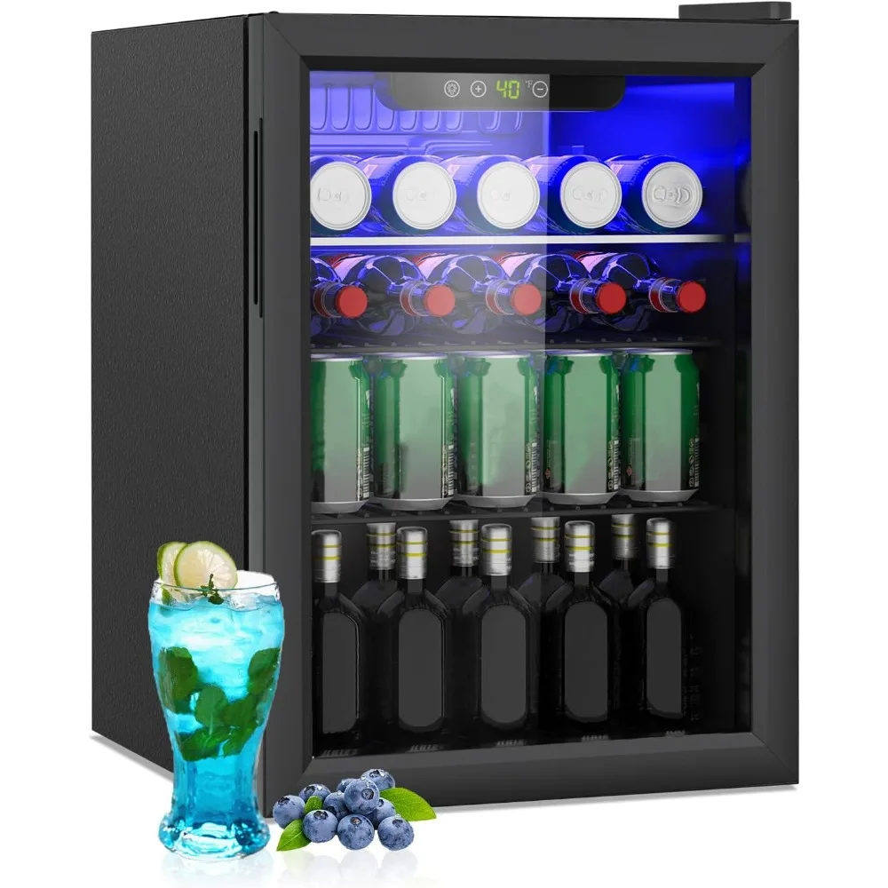 Compact Beverage Refrigerator, 95 Can/2.6 Cubic Feet Fridge with Glass Front Door for Soda, Beer or Wine, Under Counter Small Re