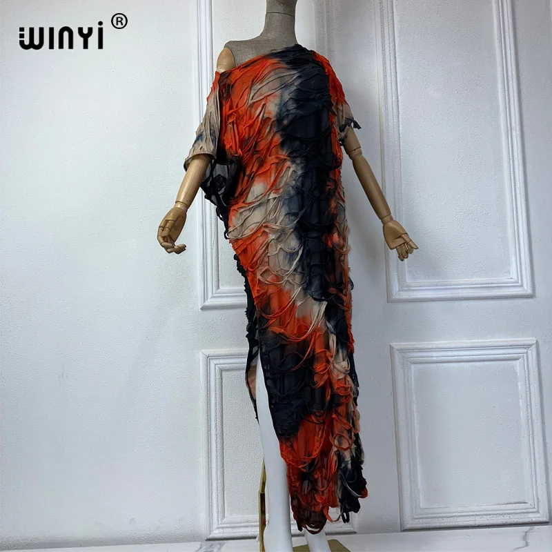 WINYI new tie-dye print summer Deep High fork sexy dress Elegant Floor-sweeping evening dress Women Beachwear kaftan