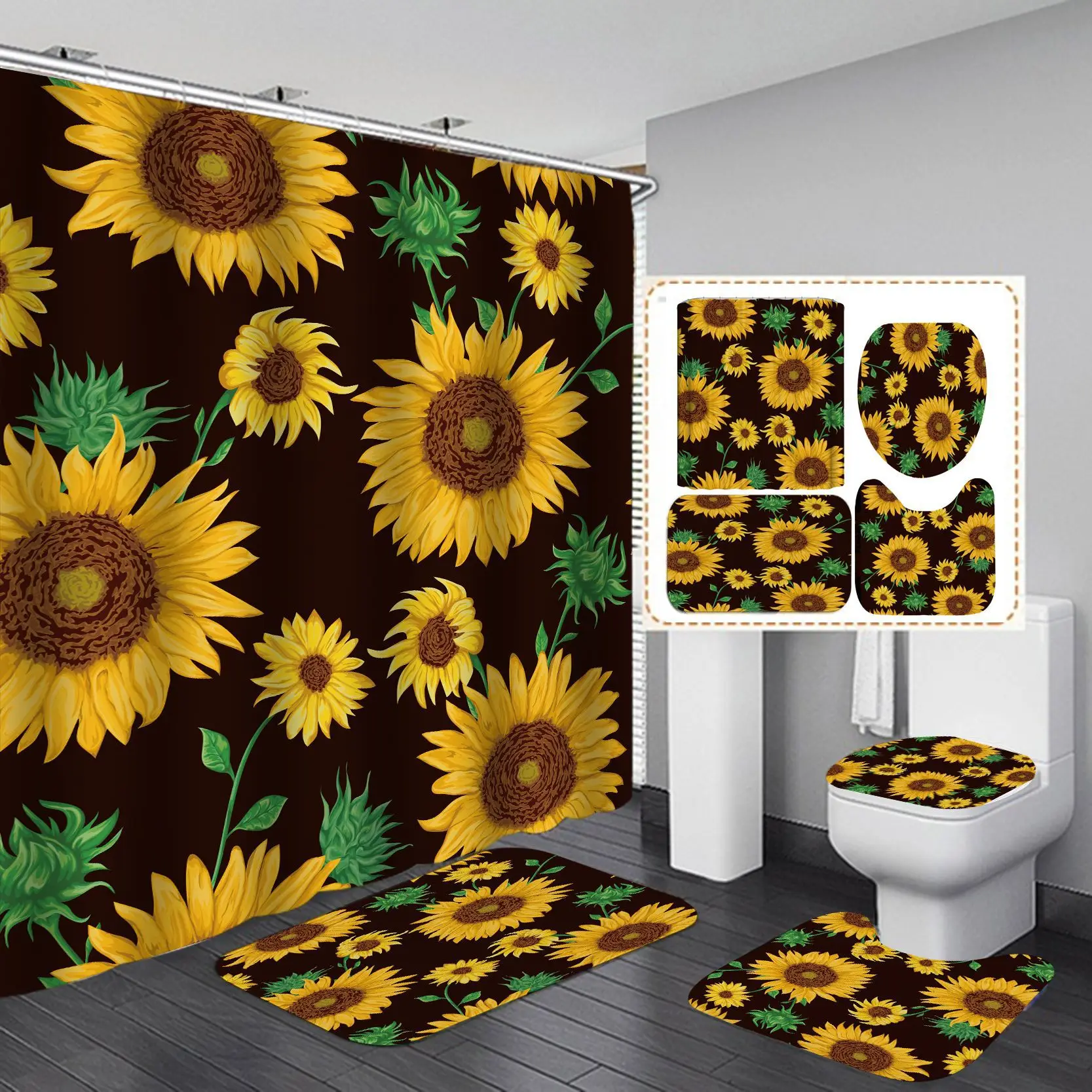 4PCS Sunflower Shower Curtain Set with Non-Slip Rugs Toilet Lid Cover Bath Mat Black Shower Curtain Waterproof Bathroom Decor