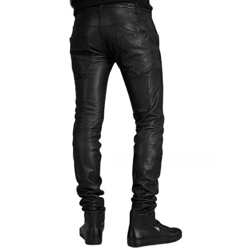 Narrow Style Men's Genuine Lambskin Real Leather Pant Black Casual Trouser