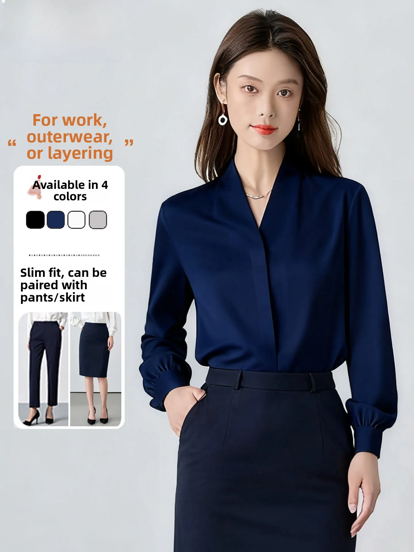 

Кобальтово-синяя шелковая рубашка с V-образным вырезом, женская, новая коллекция 2026, элегантная, с длинным рукавом, профессиональная деловая рубашка для женщин, топ в стиле для поездок на работу, прямой крой.