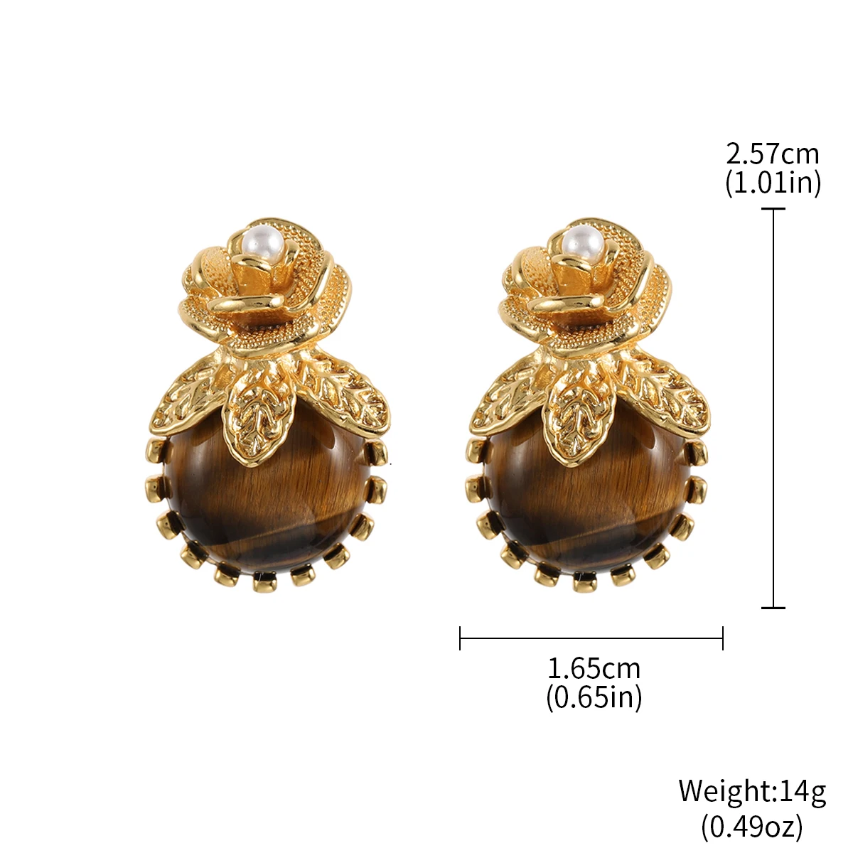 French Vintage Baroque Flower Pearl Stud Earrings for Women Retro Tiger Eye Stone Round Bead Royal Court Earring Jewelry Gift