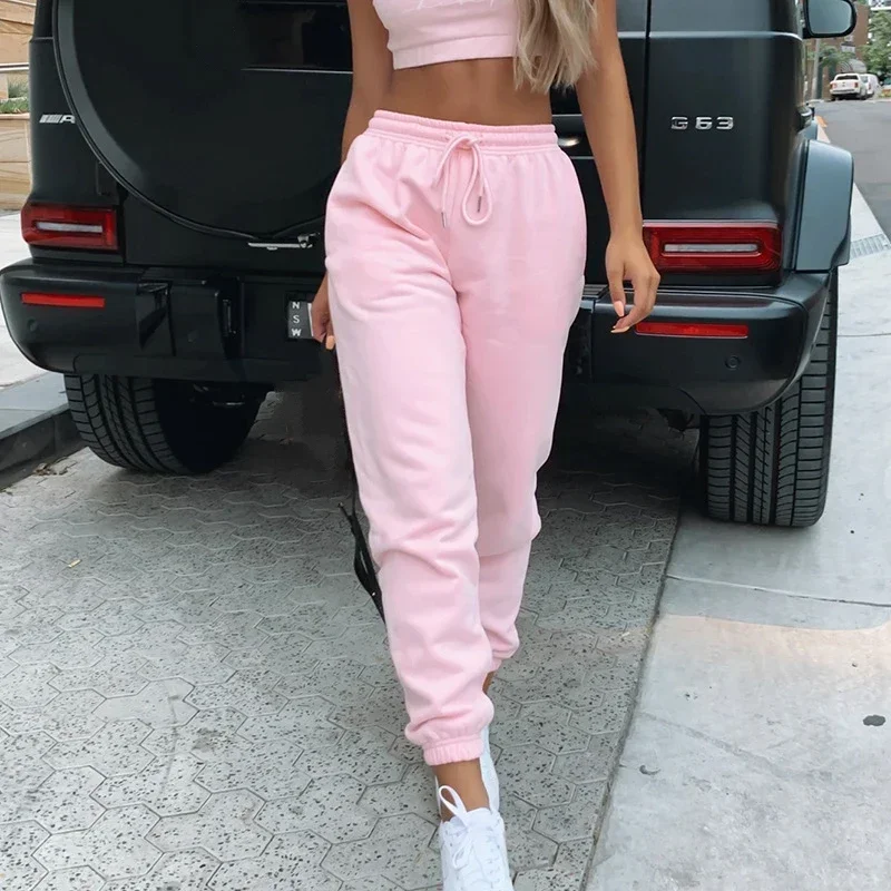 Girls Casual Lace Up Pink Sportswear Sexy Loose Pencil Sweat Pants Female Trousers Women Long Jogger Pants Streetwear Hot Sale