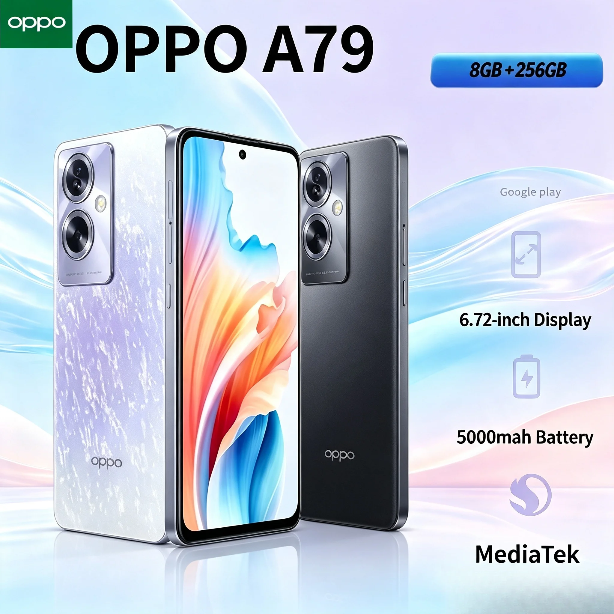 2026New OPPO A79 Smartphone 8GB RAM 256GB Storage Unlocked Dual SIM 6.2' FHD+ Waterdrop Screen Mediatek Helio P60 AI Chip