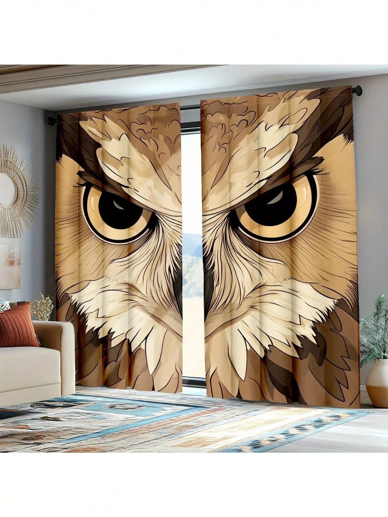 2pcs Traditional Crow Print Curtains, Semi-Transparent Polyester Woven Rod Bag Curtains, Suitable For Living Room And Bedroom