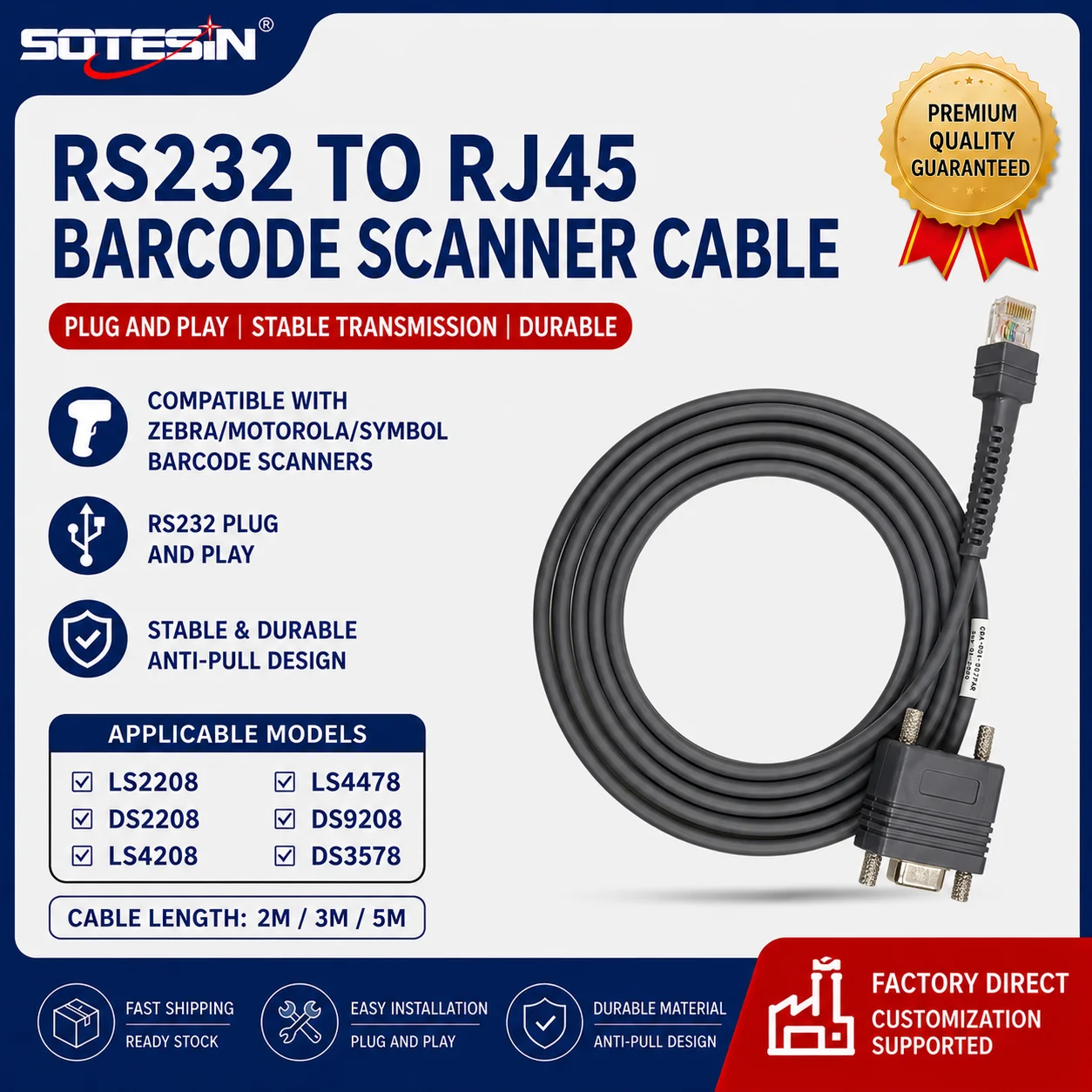 3M Pure Copper DB9 to RJ50 Barcode Scanner Power Cable RS232 to Rj45 QR Code Reader Cable for Zebra Symbol LS1203 LS2208 LS4208