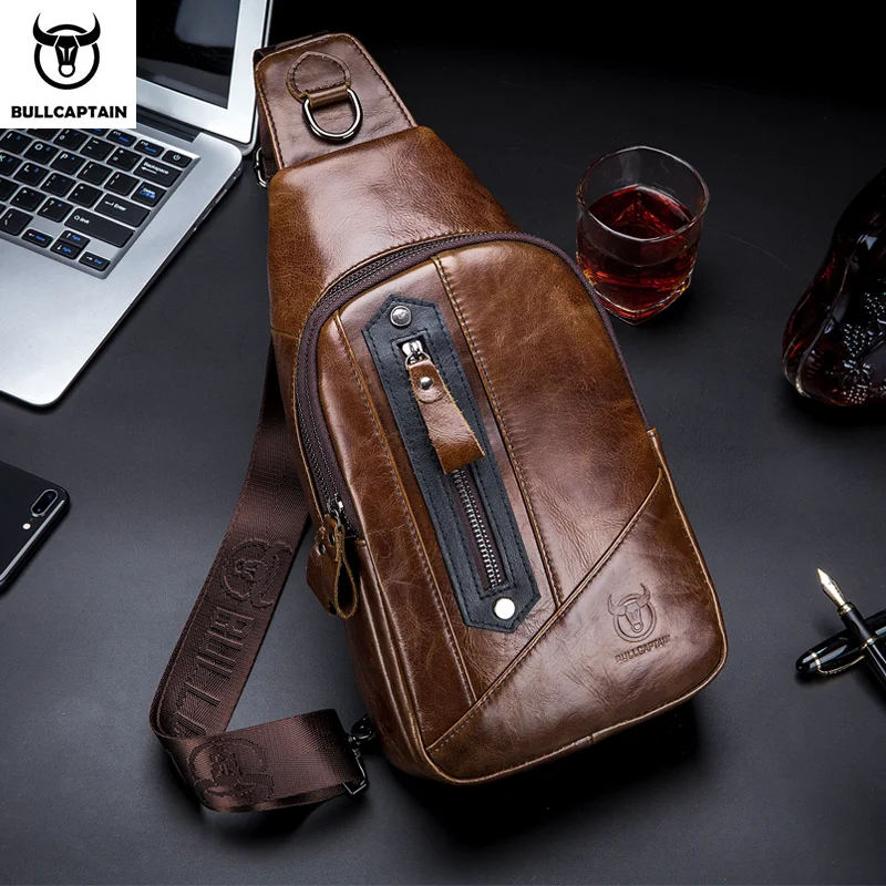 BULLCAPTAIN Leather Fashion Men\'s Chest Bags Casual Messenger Bag\'s Multi-Function Mobile Phone Compartment Bages Chest Bag Men