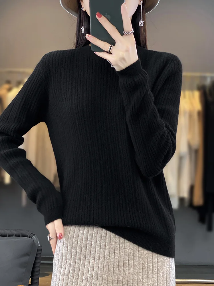 Women's Pullovers O-Neck Striped Sweater 100% Merino Wool Knitwear Autumn Winter Soft Casual Loose Basics Thick Tops