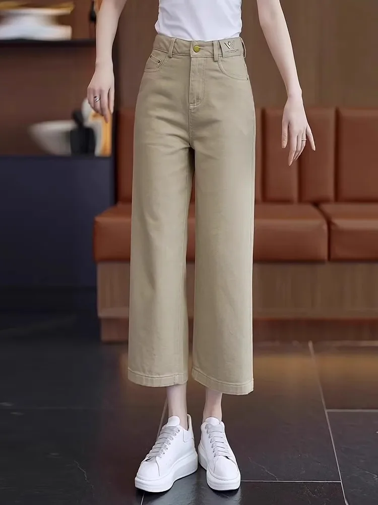 Plones Vaqueros de Pierna Ancha para Mujer, Cintura Alta, Corte Recto, Casus, Largo Ocho Dieces, Color Puro, Tela Denim