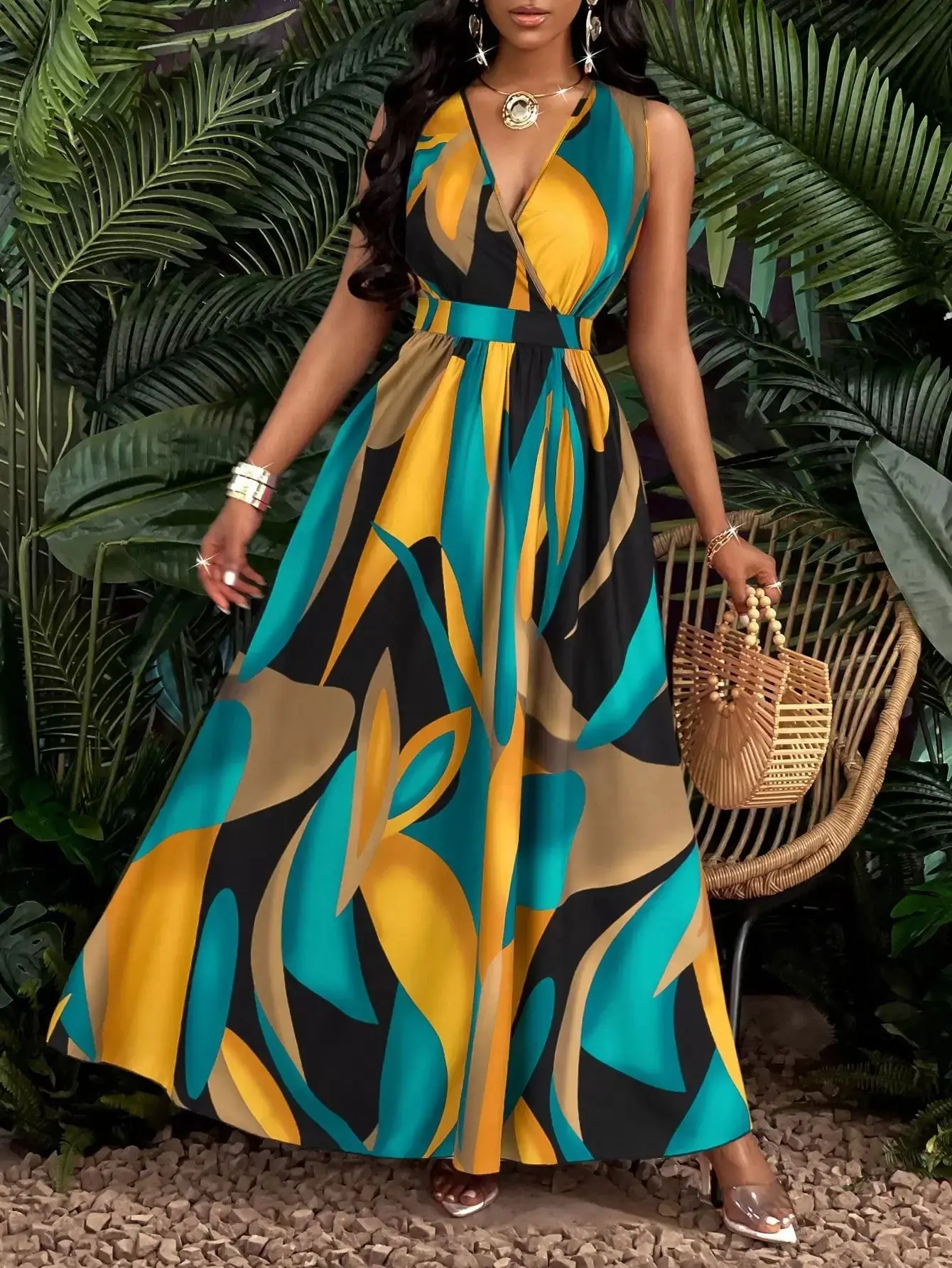 Tropical Print V-Neck Waist Section Cable Fit and Flare Dress Women Outfit Summer Long Dress