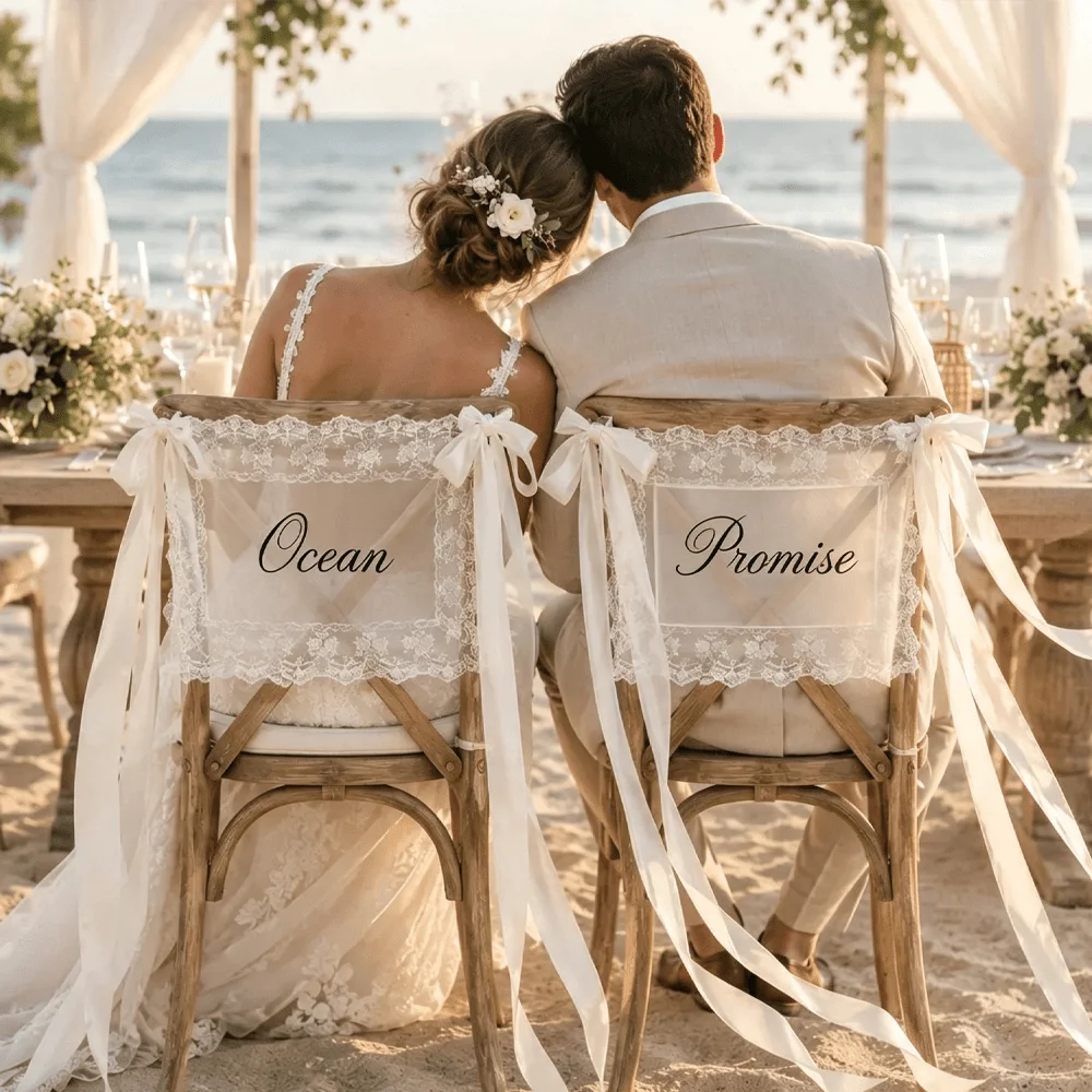 2pcs Custom Sheer Lace Chair Signs, Include White Ribbon, Just Married Decor, Semitransparent Sheer Frabic Wedding Chair Banner