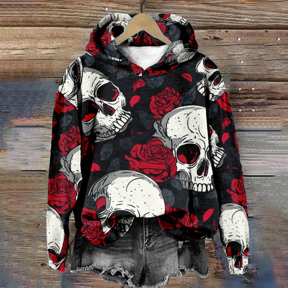 سويت شيرت نسائي بغطاء للرأس ثلاثي الأبعاد للهالوين مع طباعة رأس جمجمة للاستخدام اليومي والمتعة في الهواء الطلق #5