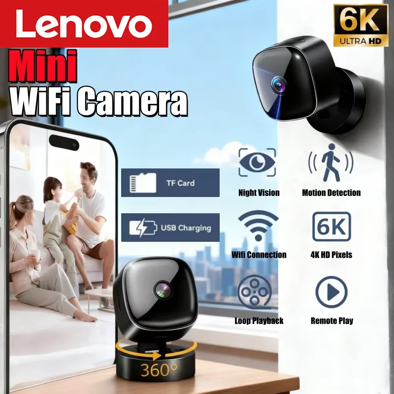 Lenovo 6K HD Mini Camera 2.4G Wifi Security Protection Remote Monitor Camcorders Home Phone Connectivity Smart Device 2026New