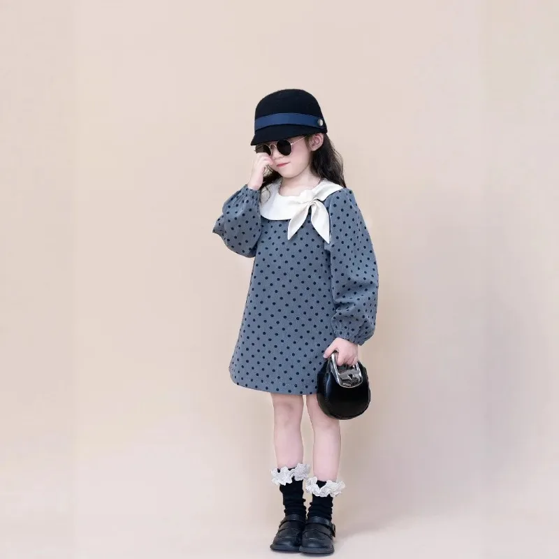 

2025 Children's Clothing Spring and Autumn New Style Girls' Bow Collar Dress with Polka Dot Western Style Children's Dress
