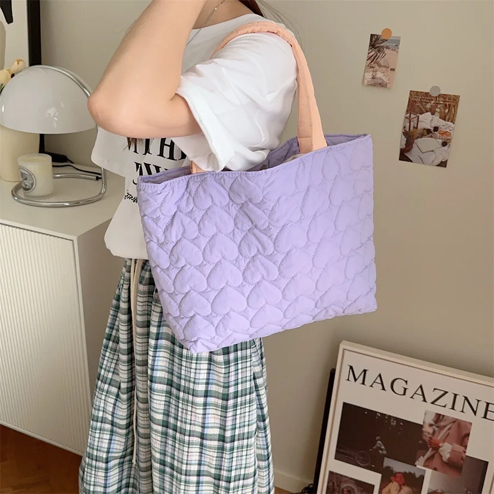 Cute Quilted Love Women\'s Shoulder Bags College Girls Book Tote Travel Purse Handbags Female Bento Bag Storage Shopping Bag