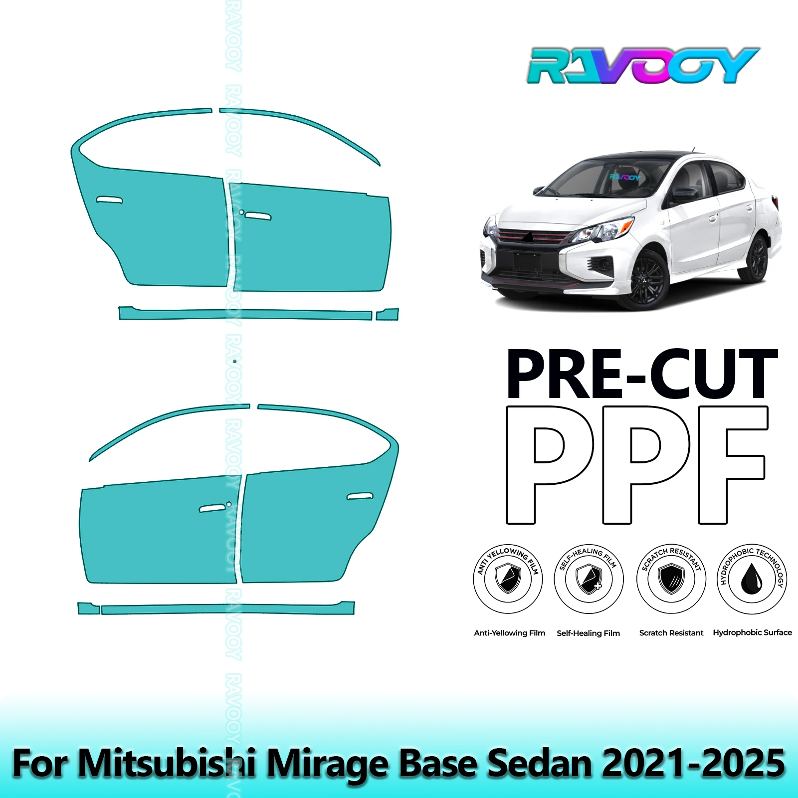 

For Mitsubishi Mirage Base Sedan 2021-2025 8.5mil Clear Matte Pre-Cut PPF Door & A/B Pillar Kit TPU Paint Protection Film Set