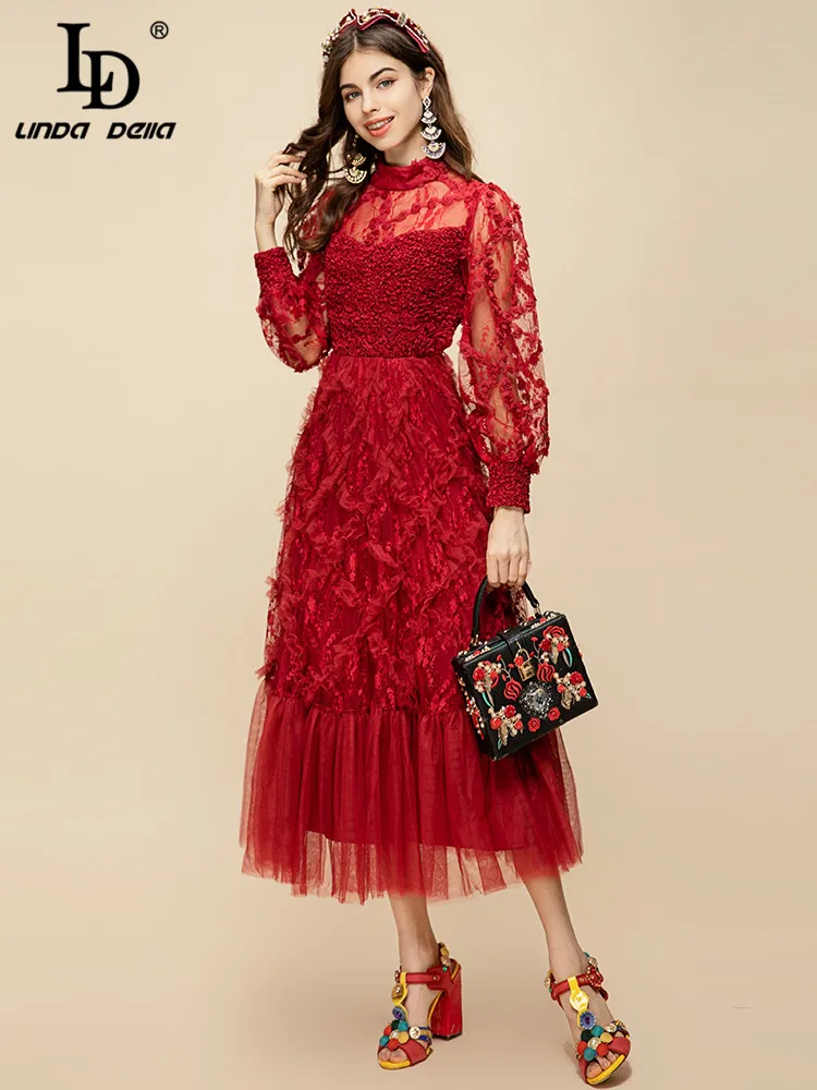 LD LINDA DELLA Runway Designer Summer Dress Mesh Lantern Sleeve Lace Ruffle Trim-hem High Waist Big swing Red Party Long Dress