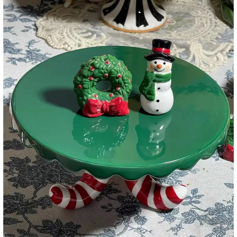 Ceramic Christmas High Footed Christmas Cake Tray Super Beautiful Cloud Lace Ceramic Tray Green Ceramic Landscape Shooting