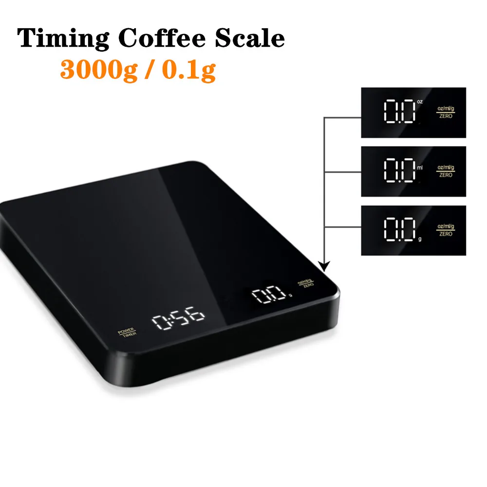 3000g / 0.1g Digital Timing Coffee Scale Electronic Kitchen Scale Food Weight Balance Household Measuring Tools With USB Charge