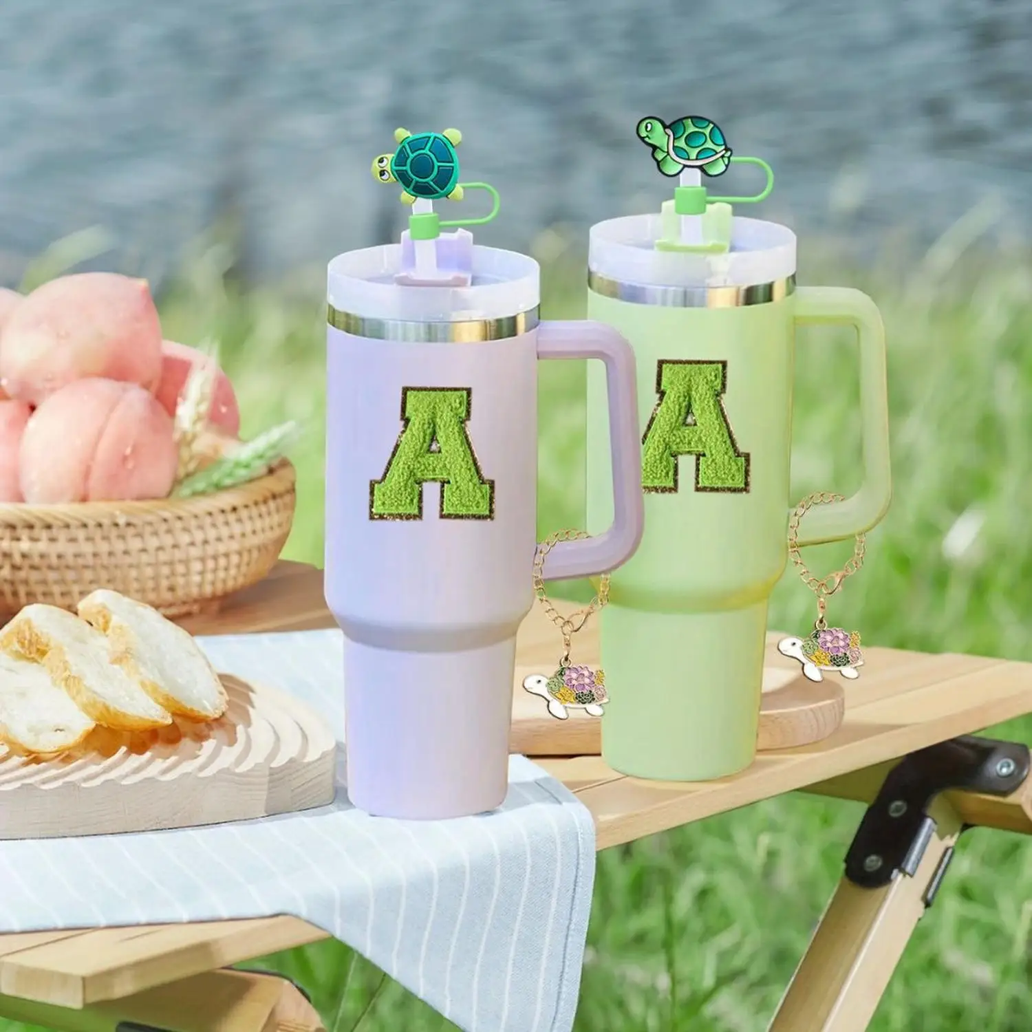 Silicone Turtle Straw Caps Leak-Proof Stoppers with Pendant And Cup Chain for Stanley Cups - Letter Stickers Included