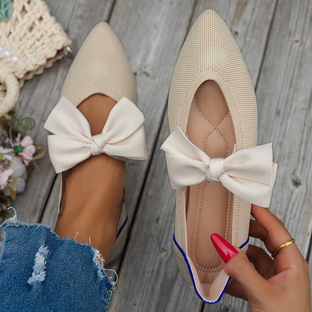 

Pointed Knit Elegant Bow Decorative Women's Flat Shoes Spring and Summer Fashion Shallow Leopard Print Decorative Low-cut Shoes