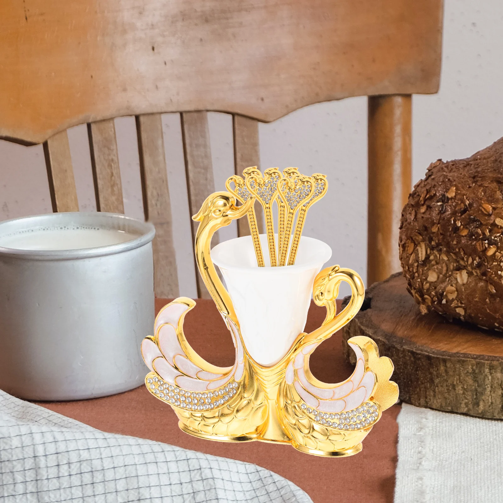 

Creative Metal Swan Fruit Spoon Fork Stand Home Tableware Storage Organizer Coffee Dessert KitchenSpoons Holder Utensil Kit