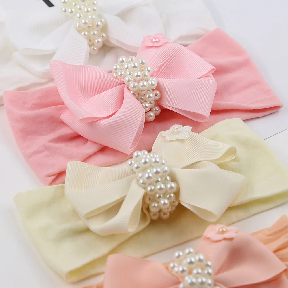 20pc/lot Princess Baby Satin Ribbon Bow Nylon Headband With Pearl Center Infant Solid Hair Bow Headband for Kid Girls Headwear