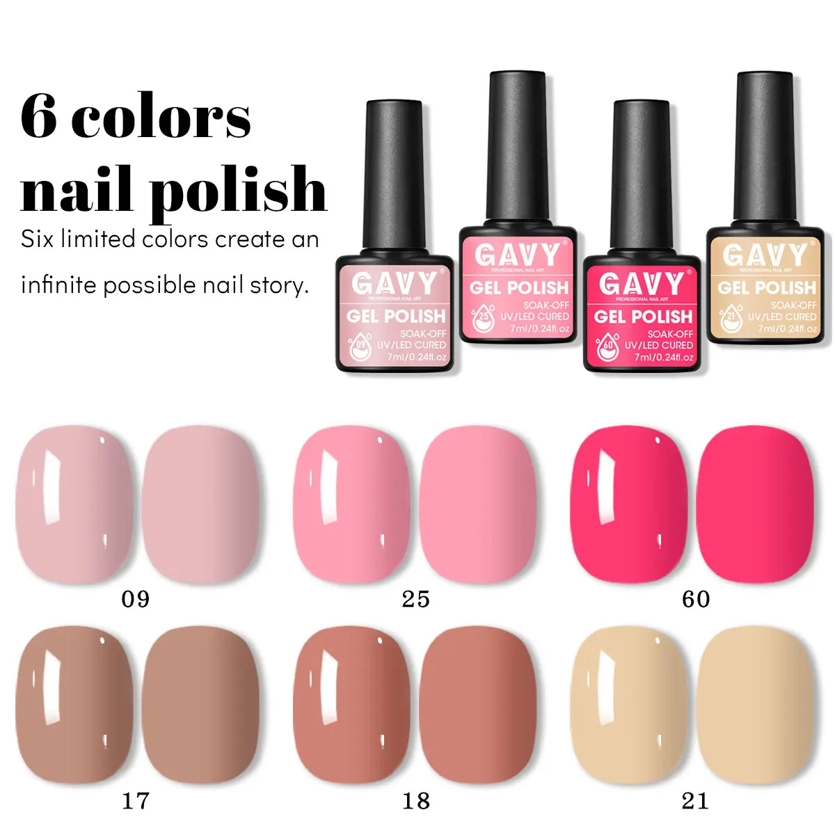 GAVY ชุดยาทาเล็บเจล 6 ชิ้น, 0.24 ออนซ์ต่อขวด, LED ยาทาเล็บกึ่งถาวรแบบถอดได้ Clear Top Coat, DIY Starter Kit