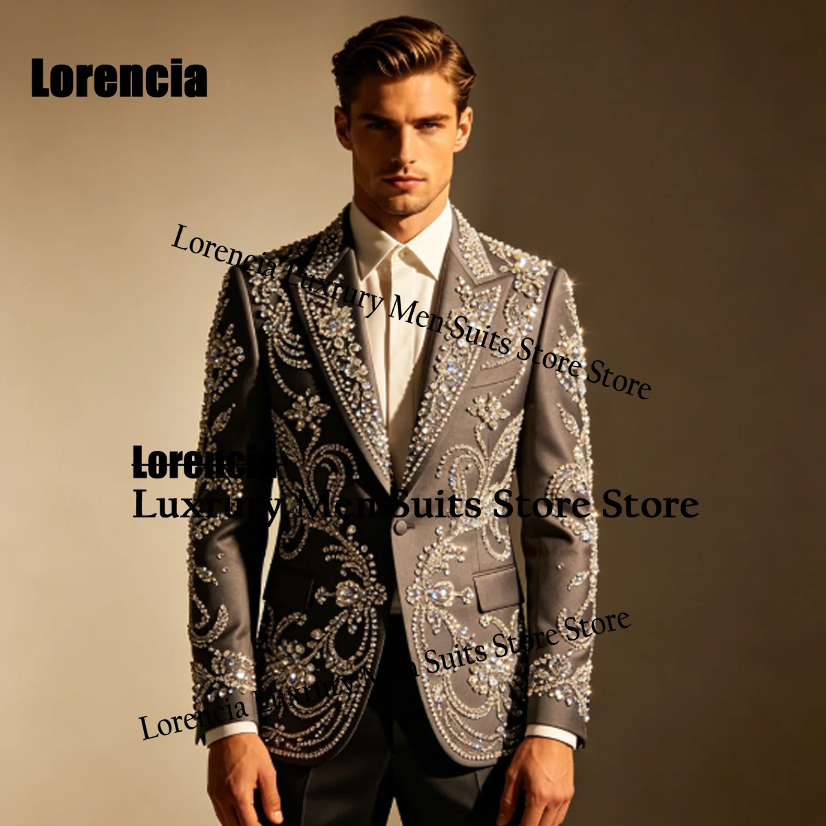 Luxury Jewelry Men suit Customized Elegant Sequin Gem For Wedidng Groom Male Prom Party Elegant Blazer 2 Pieces Set Tuxedos Slim