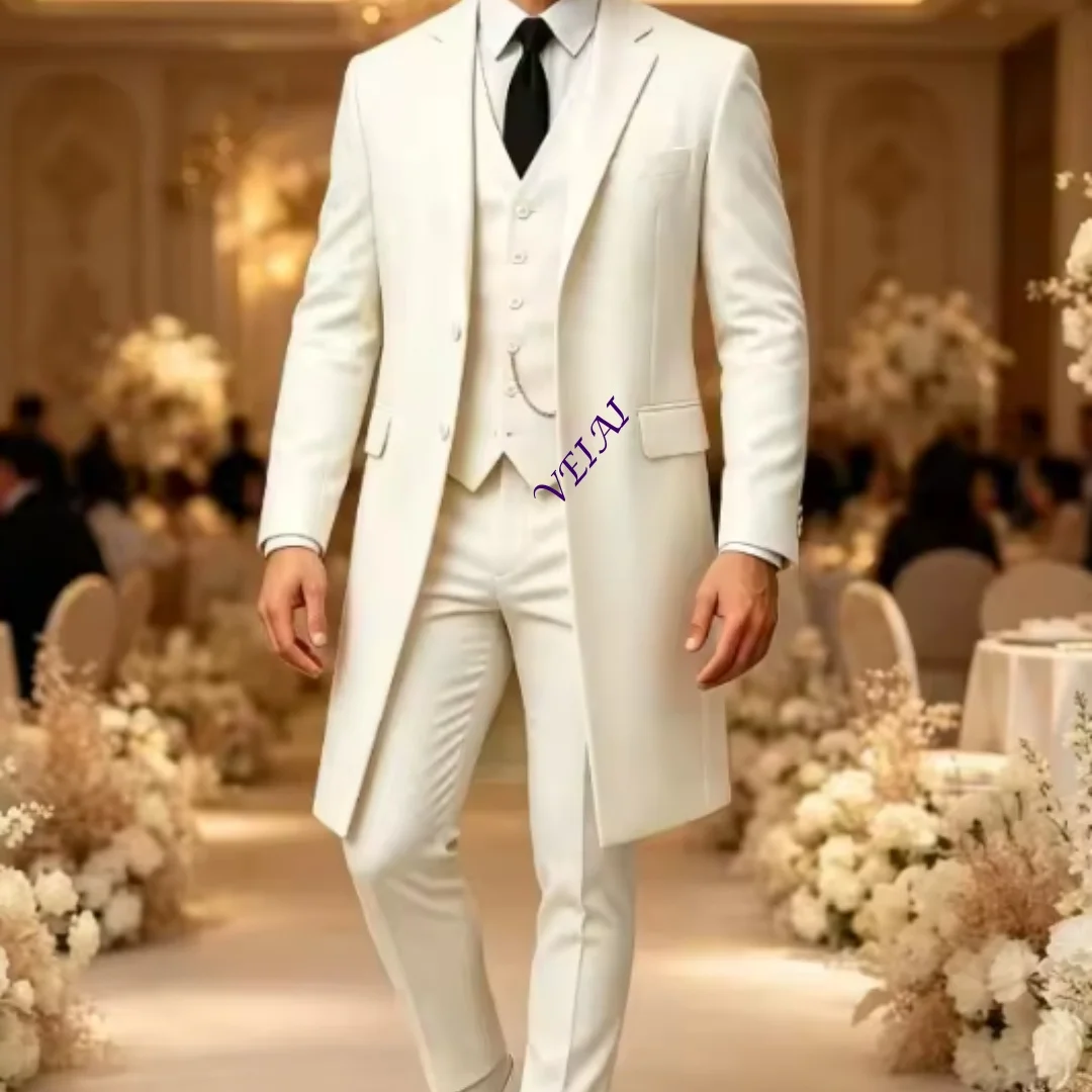 CustomizedLong Formal Wedding Suits for Men Custom Made 3 Pieces Groom Tuxedo Suit and Separates Slim Fit Jacket Vest Pants Groo
