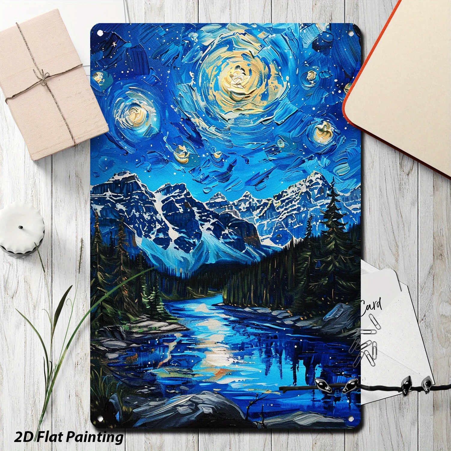2D Flat 1pc 8x12 Inch(20cm X 30cm) Banff Rockies Enchantment Starry Sky Vintage Landscape Tin Sign for Alpine Themed Interiors