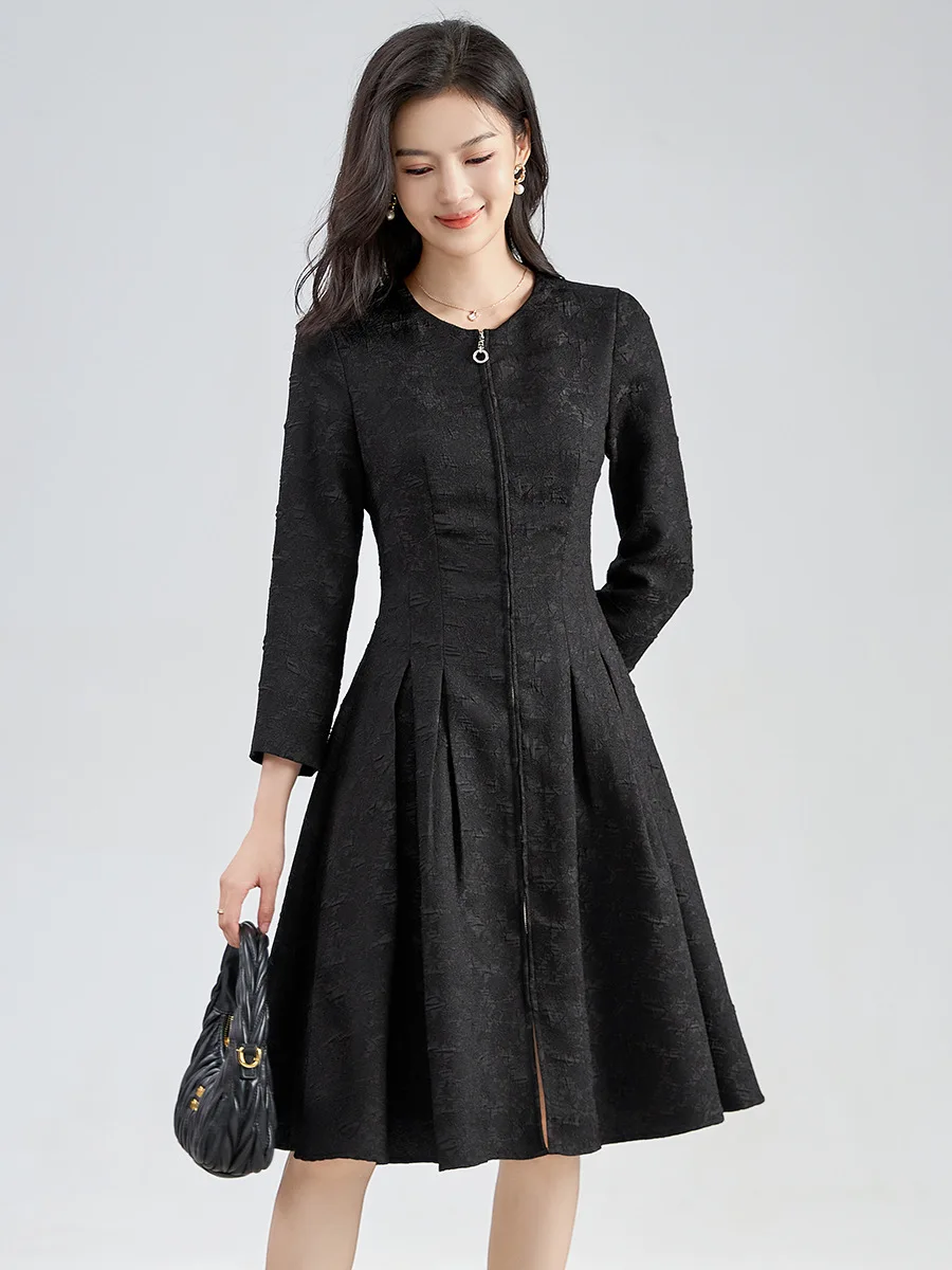 ZJYT Elegant Autumn Long Sleeve Black Jacquard Dresses for Women 2024 New Vintage Casual Short Dress Vestido Femininos