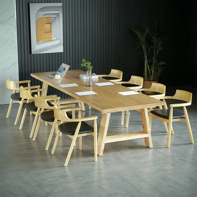 for Simple All Solid Wood Leisure Office Desk and Chair Training Negotiation Log Table Commercial Reception Conference Table
