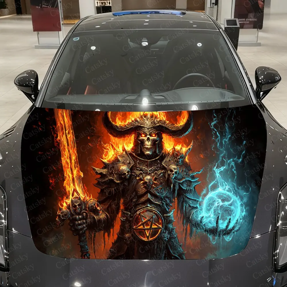 Ice & Fire Dual Power Skeleton King Car Vinyl Wrap, PVC Waterproof Car Hood Sticker, Self-Adhesive Scratch-Resistant Stickers