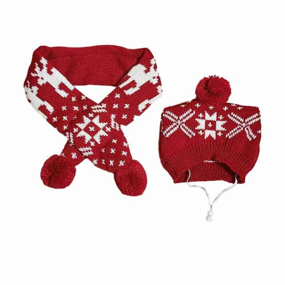 

New Deer Fur Pompom Pet Scarf Hat Set Adjustable Elastic Christmas Pet Set Warm Snowflake Pattern Pet Headgear Autumn Winter
