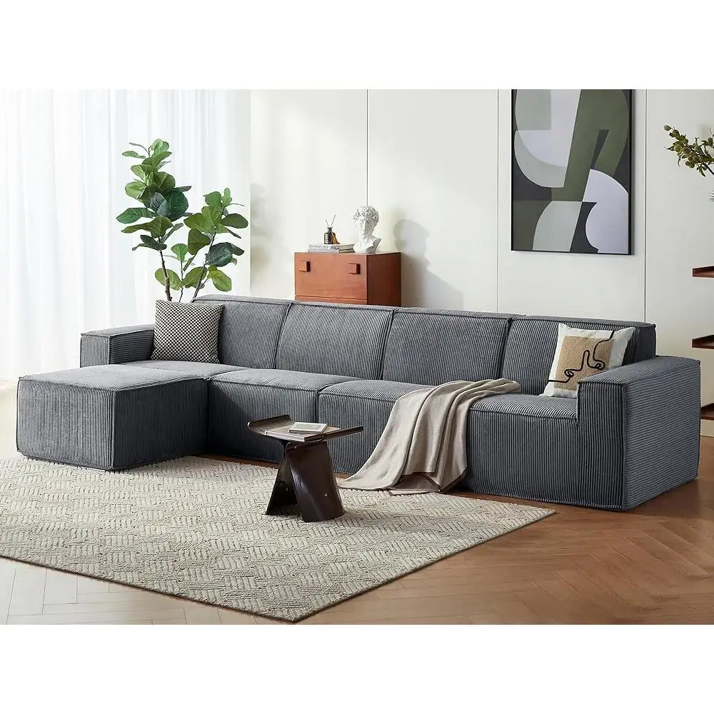 Sofa L Shaped Couch with Ottoman Corduroy Fabric Living Room