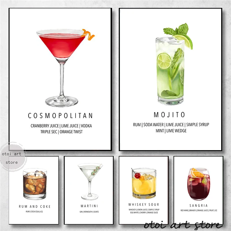 Vinatge Modern Cocktail Series Mojito Gin and Tonic Lemon Art Poster Canvas Painting Wall Print Picture for Cafe Bar Home Decor