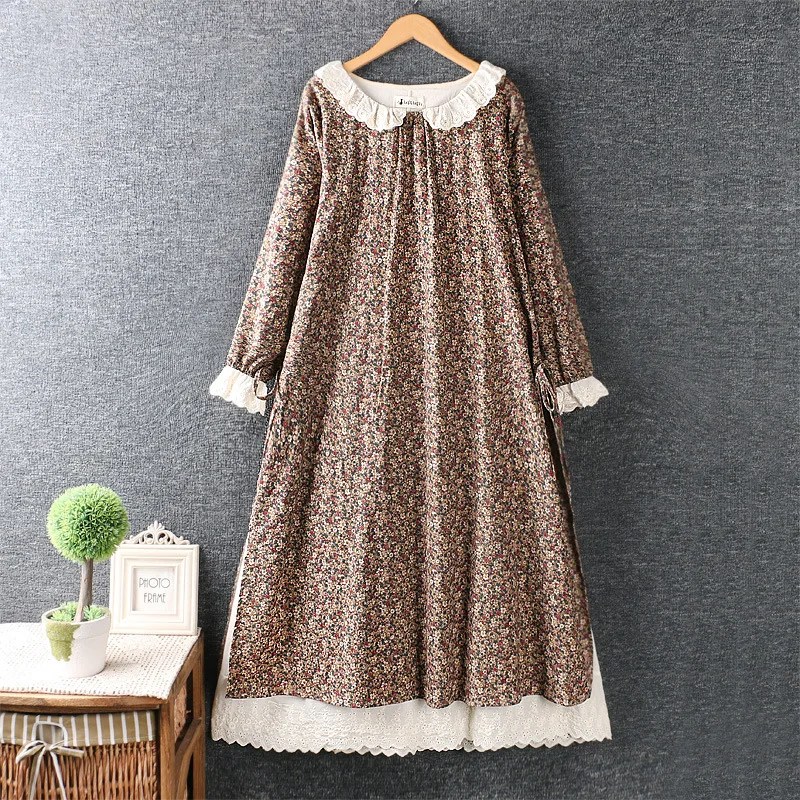 Vintage Japanese Style Lace Peter Pan Collar Long Sleeve Rustic Flowers Print Cotton Layers Dress 2023 Autumn