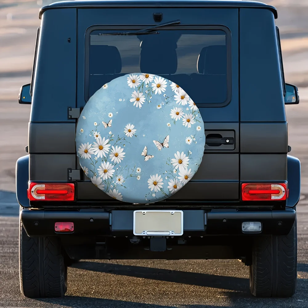 1pc 2D Flat Printing Tire Cover Butterflies Flowers Daisy Meadow 100% Polyester Fabric Without Electricity New Year Gifts Suitab