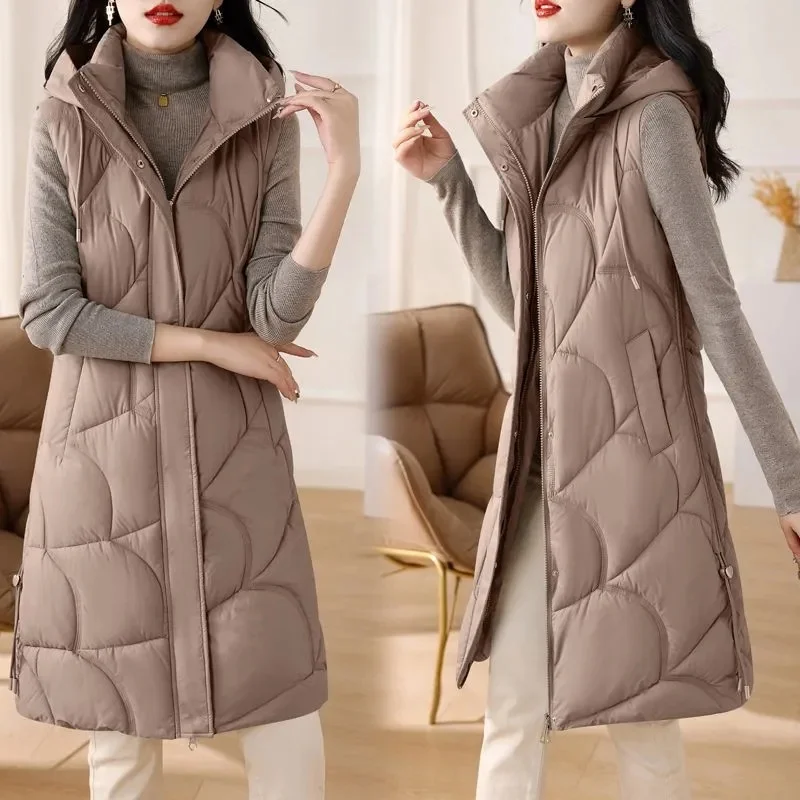 Solid Color Sleeveless Womens Vests Outerwear Long Hoodie Warm Down Puffer Jacket With Pockets Outdoor Jacket Zip Vest Outwears