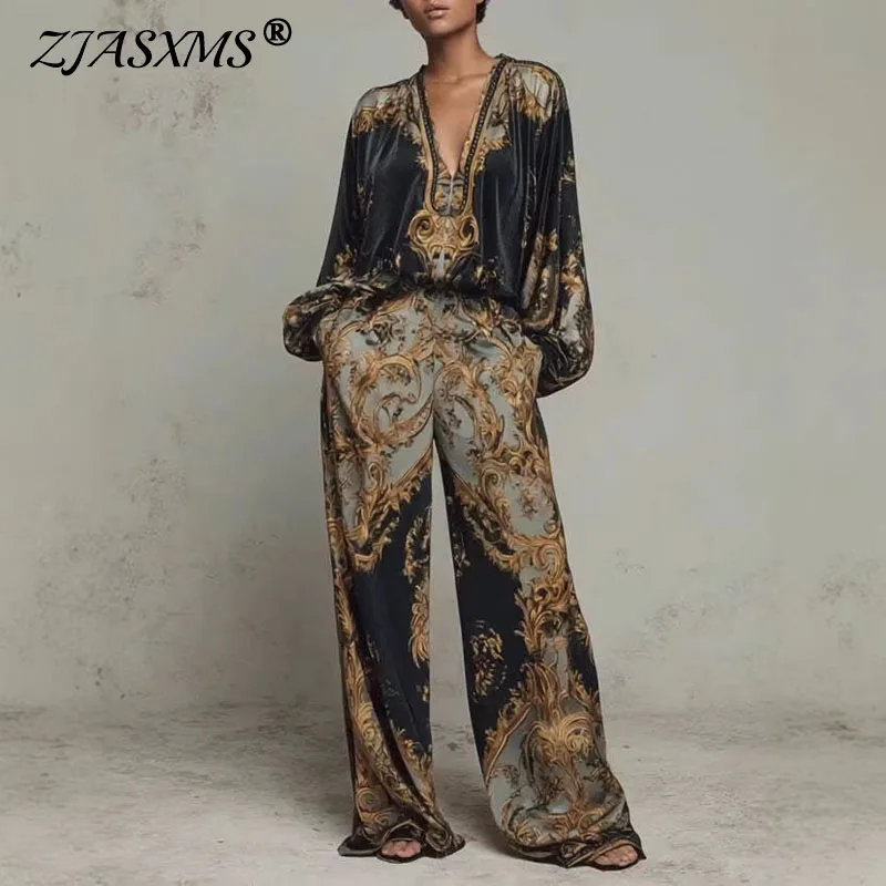 Retro Pattern Printed 2 Pieces Set for Woman Sexy Deep V Neck Top Blouses Elegant Outfit 2026 Spring Fall Wide Leg Trousers Suit