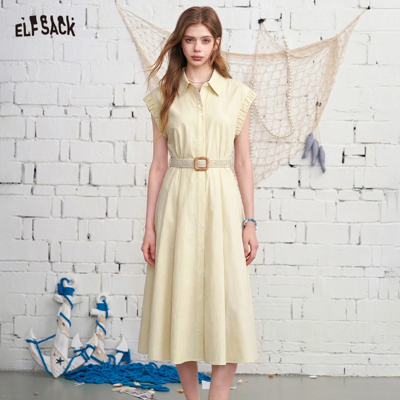 ELFSACK Elegant Polo Shirt Dress, Puff Sleeve Waist Belted Lapel Midi Dress, Summer Dress for Women's Casual Office Outfit