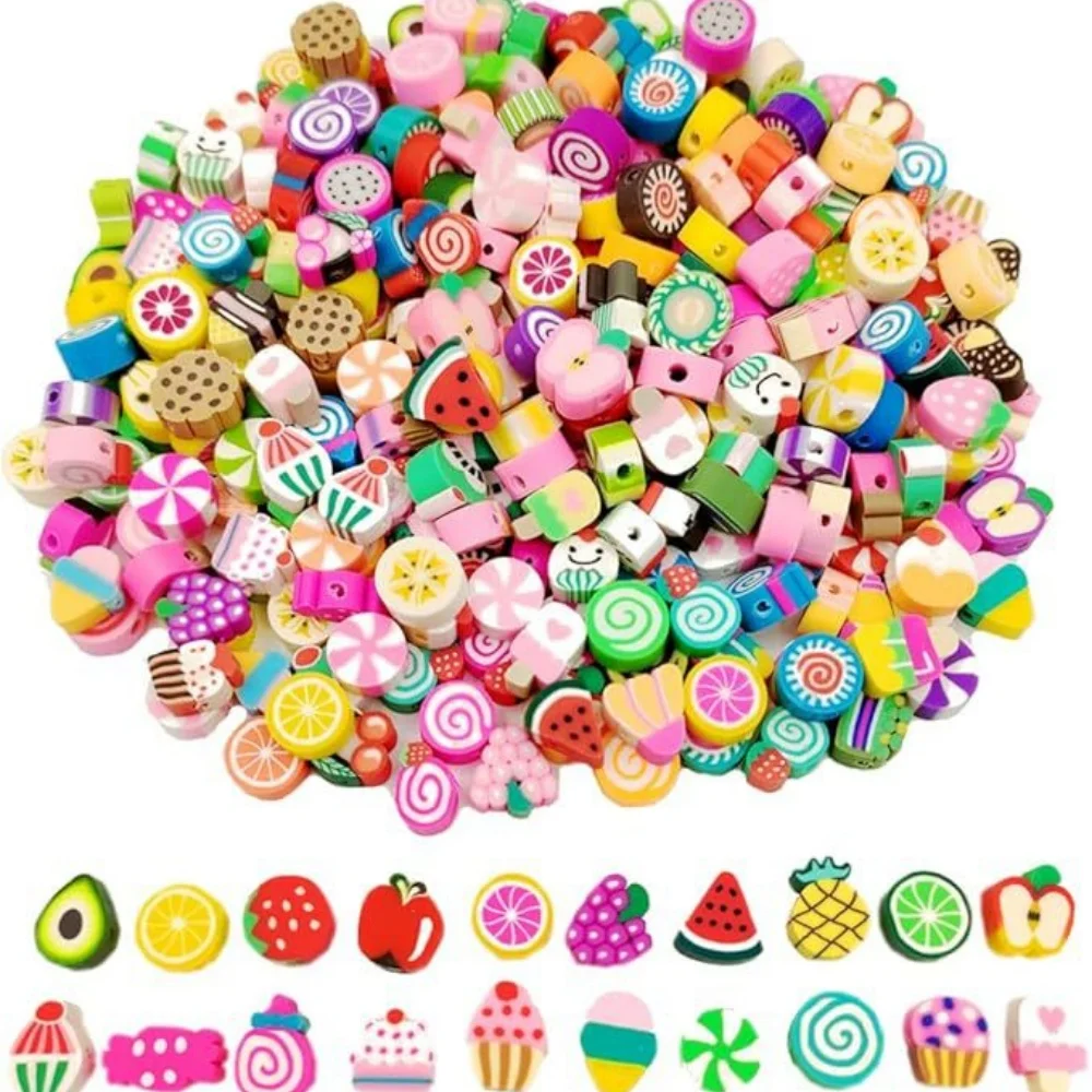 100/200pcs 9-11mm Random styles Fruit Cake Beads Set, Polymer Clay DIY Charms For Bracelet, Necklace, And Jewelry Making