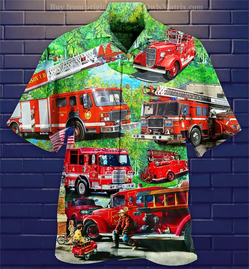 3d Printing Fire Truck Pattern Hawaiian Shirts For Men New In Casual Short Sleeve Oversized Button Beach Shirts Blouse Tops