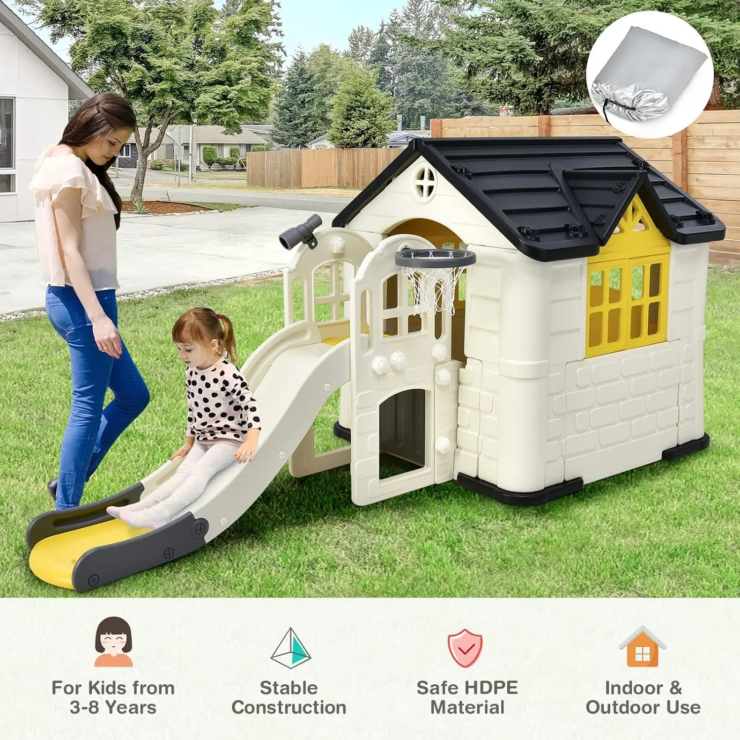 Kids Playhouse and Slide Set, 7 in 1 Outdoor Cottage Pretend Playhouse with Working Doors and Windows, Picnic Table,