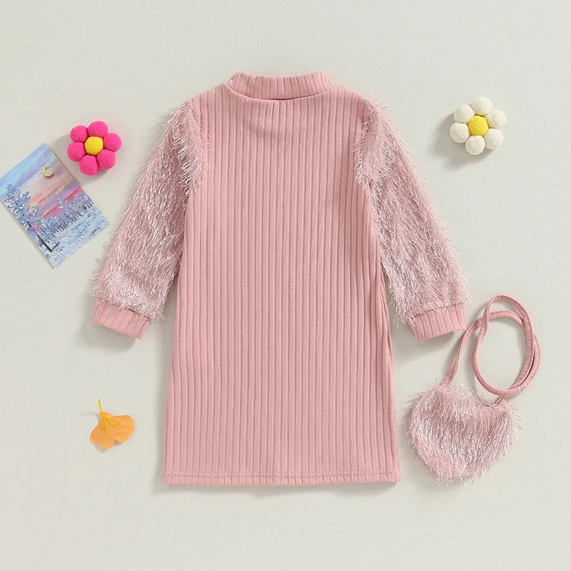 3-7Y Kids Girl Fall Ribbed Dress Solid Color Plush Long Sleeves Party Dress and Shoulder Bag Set for Toddler Spring Clothes