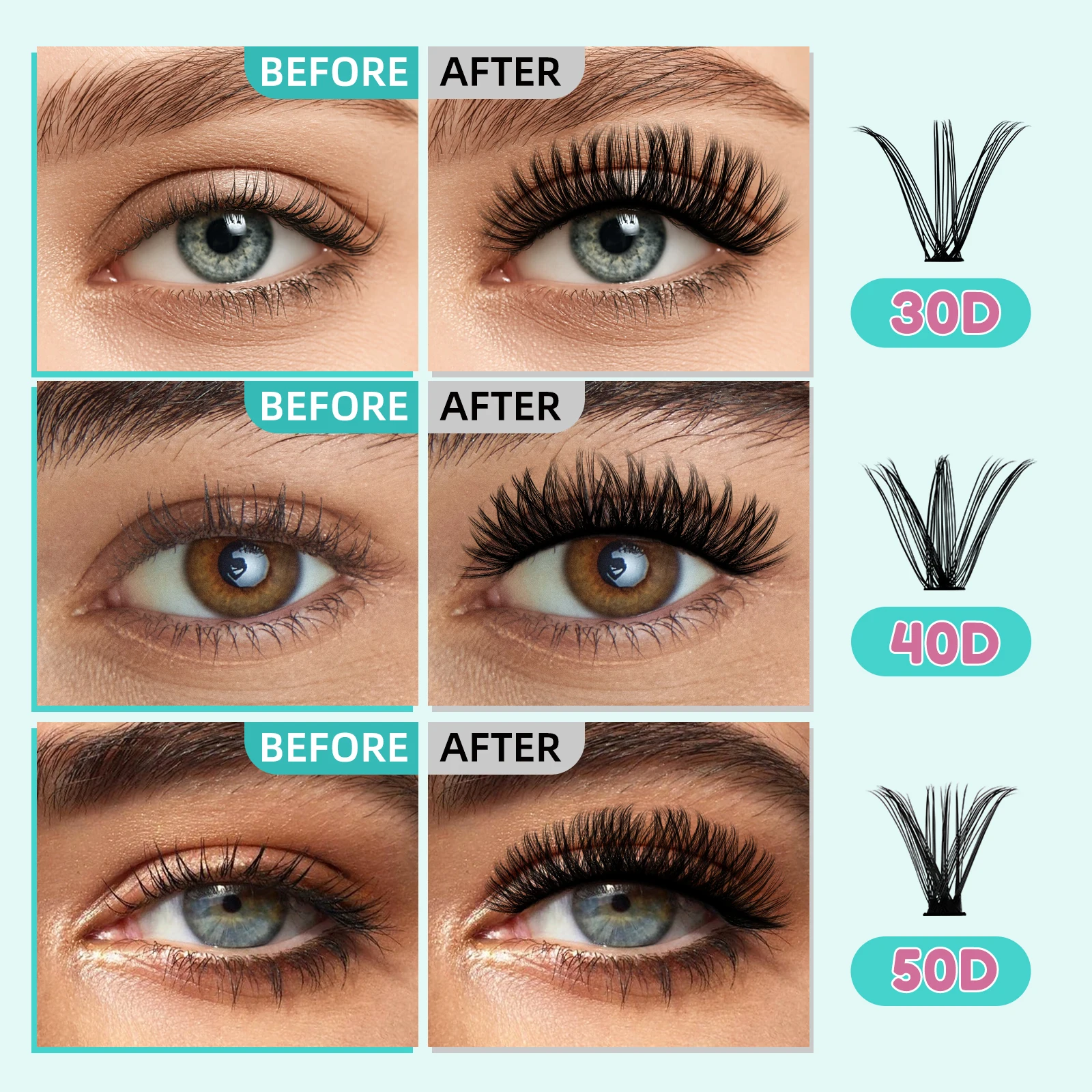 Amzgirl Lash 300-teiliges Wimperncluster-Set, 30D + 40D + 50D, DIY-Wimpernverlängerung mit Wimpernkleberbindung und Dichtungspinzette, wasserfest für Beigner